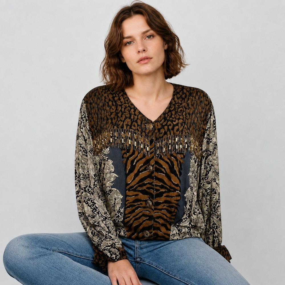 Carole Little W 12 Vintage Animal Print Beaded Fringe Blouse Boho 90s Statement